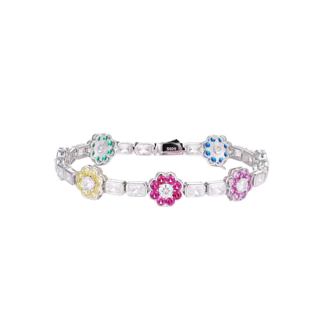 MOISSANITE FLOWER BAGUETTE BRACELET. - WHITE GOLD